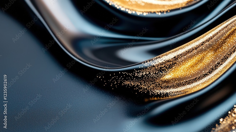 Poster abstract black and gold flowing fabric with glittering particles for elegant background or design us