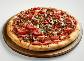 Delicious Ham and Tomato Pizza on Wooden Board