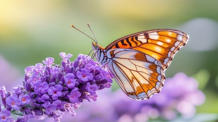 Obraz premium Butterfly feeding lavender, garden, sunlight, nature, floral design