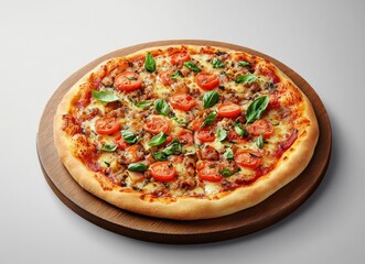 Delicious Tomato Basil Pizza with Sausage on Wooden Board