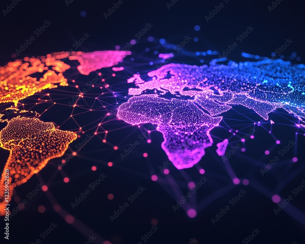 Poster a vibrant, digital representation of a world map, featuring interconnected nodes and illuminated con