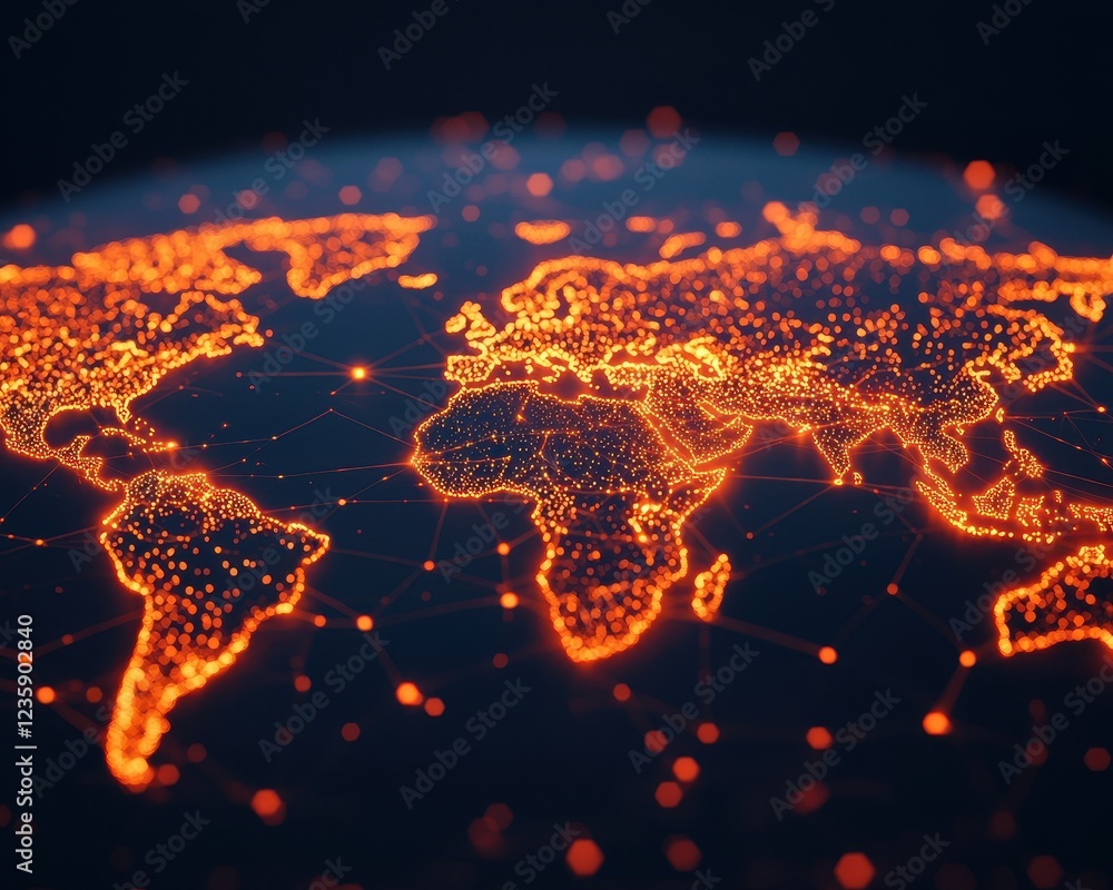 Poster a glowing map of the world highlighted with orange dots, showcasing connectivity and data across con