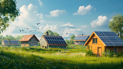 Obraz premium A rural solar-powered village, with solar panels on the roofs of houses, surrounded by green fields, birds flying in the sky, and a peaceful natural environment.