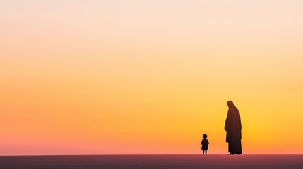Gentle Figure Stooping to Console a Child at Sunset Horizon