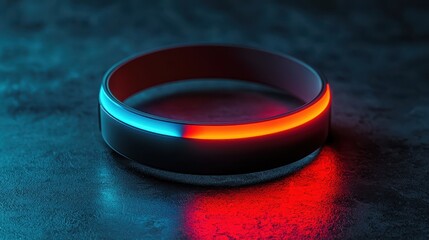 A sleek, illuminated bracelet with contrasting blue and red lights, resting on a dark textured surface, highlighting its modern design.