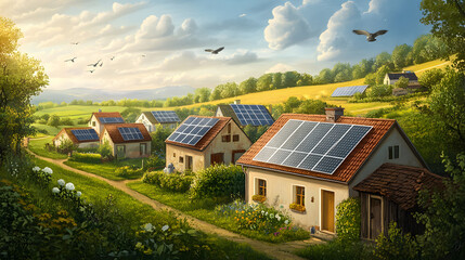 A rural solar-powered village, with solar panels on the roofs of houses, surrounded by green fields, birds flying in the sky, and a peaceful natural environment.