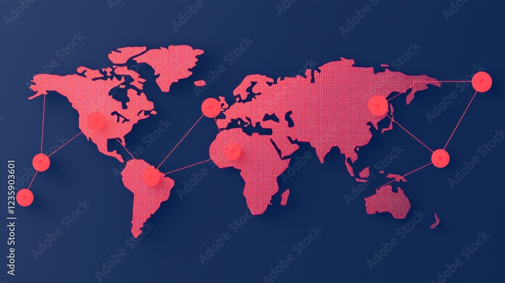 Aufkleber a stylized world map in red against a dark background, featuring interconnected nodes, illustrating 