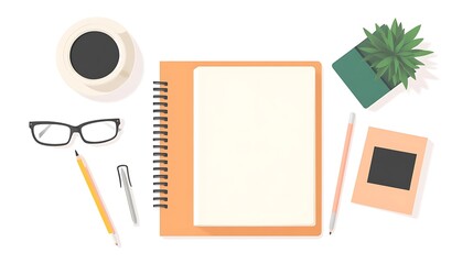Office Desk Workspace with Notebook, Coffee, and Plants