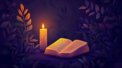 Illuminated book and candle in dark foliage. Possible use Illustration for a story, inspirational poster