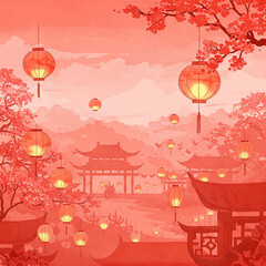 A Chinese Lantern Festival scene painted in red watercolor style, soft pastel colors, digital art, suitable for creative or artistic brands
