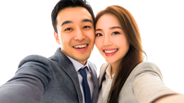 Cheerful Young Asian Couple Selfie in Business Attire Capturing Happiness and Love in a Bright Studio Setting