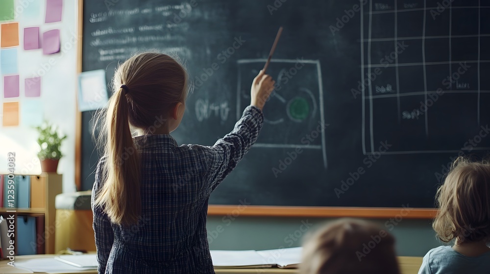 Aufkleber Teacher Illustrating Lesson on Chalkboard in Classroom During Educational Lecture or Presentation  Academic Learning Teaching Instruction Classroom Environment School or University Setting