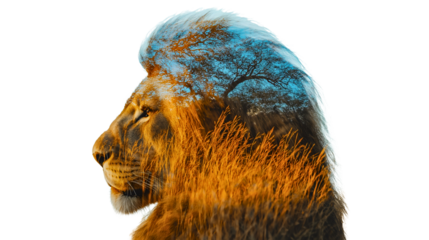 Majestic African Lion Portrait in Nature's Ethereal Landscape with Double Exposure Art