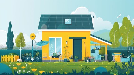 Naklejka premium Modern Eco-Friendly House with Solar Panels