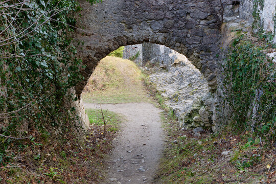View of the stone walls and arch doors of a medieval Samobor Castle on the hill Tepec in the town of Samobor, Croatia