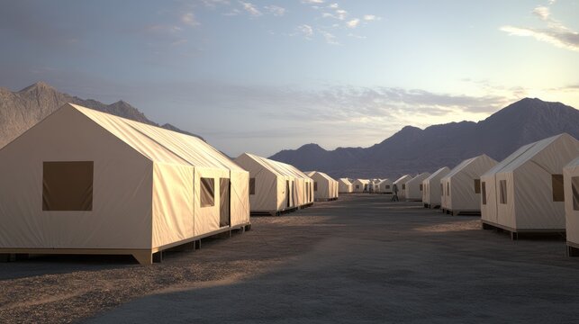 A disaster relief modular housing setup providing instant shelter solutions.