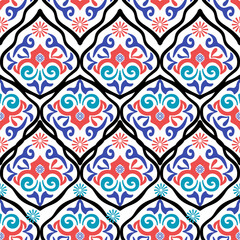 Damask vector seamless pattern with black lines. Talavera pattern. Indian patchwork. Azulejos portugal. Turkish Tiles. Moroccan tile mosaic. Spanish pottery. Elaborate borders 
