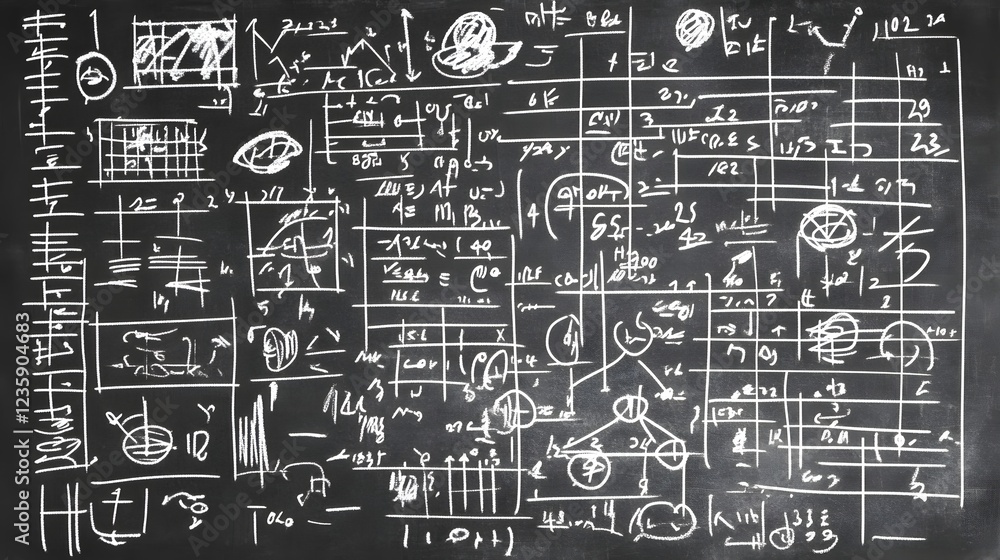Poster This image depicts a chalkboard covered in various mathematical formulas  equations  and diagrams  showcasing the complexity and depth of scientific and problem solving