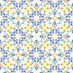 Blue and yellow damask seamless pattern illustration in traditional style. Portuguese tiles. Azulejo building. Spanish ceramic pottery. Turkish tiles. Can be used for textiles and clothing.