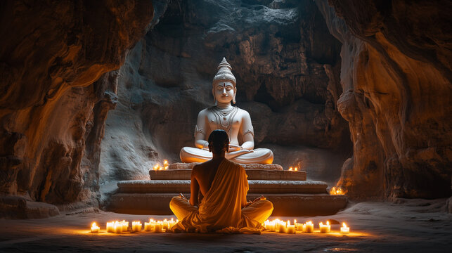 A Jain devotee sits in meditation in front of the statue of Lord Mahavira inside a holy cave, soft candle light illuminates the cave walls, Ai generated images