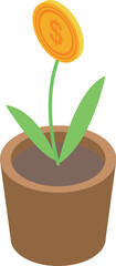 Fototapeta premium Potted plant growing a golden coin symbolizing investment, profit, and return