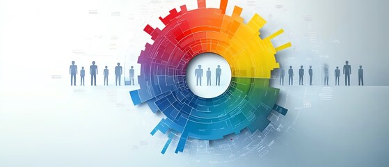 Obraz premium A professional business visualization with a multicolored circular chart, human figures, and target audience categories, sleek and modern aesthetic
