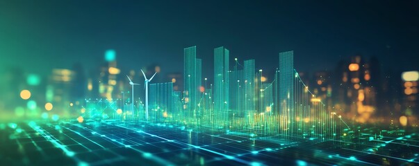 A professional business report cover showcasing ESG metrics, renewable energy themes with solar panels and wind turbines, and a dynamic blend of green and blue gradients