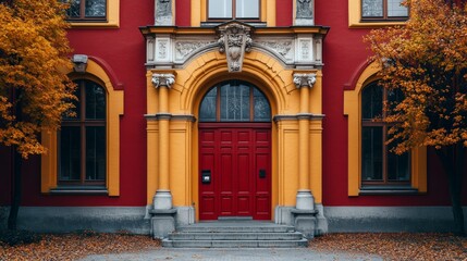 Red door autumnal building facade elegance