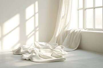 A serene, sunlit room featuring draped white fabric and a window with soft shadows.