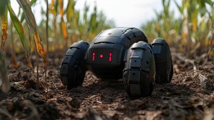 Futuristic robot exploring a cornfield under a clear sky, showcasing agricultural technology in action