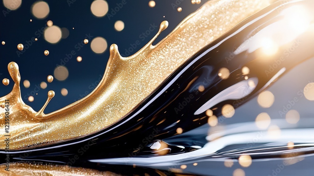 Aufkleber elegant splash of golden liquid against a dark background with sparkling bokeh lights creating a lux