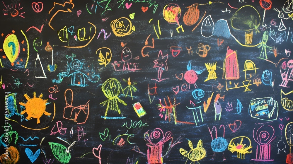 Poster Vibrant abstract background with colorful scribbles doodles and playful patterns resembling a child s creative expression on a chalkboard surface  Concept of imagination experimentation and learning