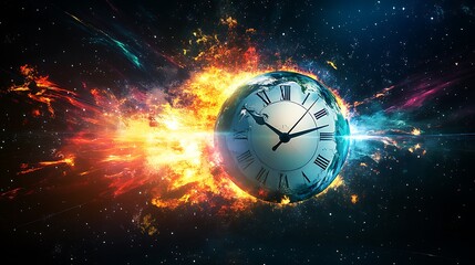 An abstract image of Earth with the continents glowing, surrounded by an explosion of cosmic energy and a clock face counting down, symbolizing the time before disaster strikes.