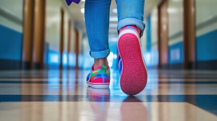 Colorful Sneakers on School Corridor Floor