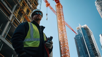 A tower crane operator in a reflective jacket and hard hat, standing next to the crane base with controls in hand, looking into the camera with a partially constructed skyscraper behind