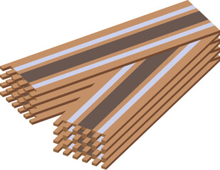 Stacked lumber forming a chevron pattern is ready to be used in construction