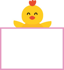 Easter cute yellow chick holding a blank sign flat vector illustration.
Transparent background.