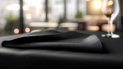 A close-up of a folded black napkin on a table, with a blurred background of a dining setting.