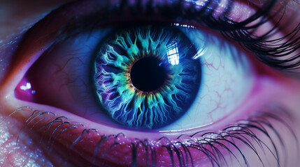 close up of a human wide-open eye with a blue iris in cold tones like in thrillers and horror films