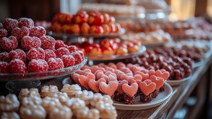Dessert table filled with heart-shaped treats and candies
