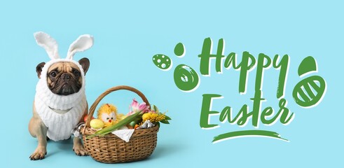 Banner for Easter celebration with cute dog and festive basket