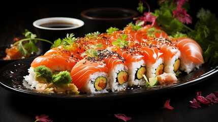 set of rolls close-up of white rice, with avocado filling and red fish on top a piece of salmon decorated with greens and black and white sesame seeds on a black plate