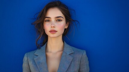 Obraz premium Young woman in suit against a blue background. Possible use Fashion, business, lifestyle