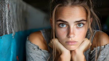 Obraz premium Pensive young woman, portrait, indoors, textured background, stock photo