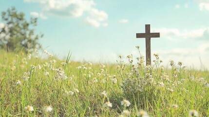 Serene Cluster of Wildflowers Surrounding a Wooden Cross in Nature