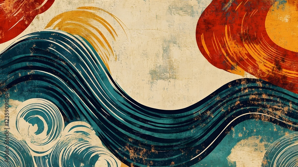 Poster vibrant abstract fluid waves and curves in surreal cosmic backdrop