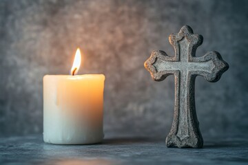 Lit Candle and Stone Cross Still Life Photography