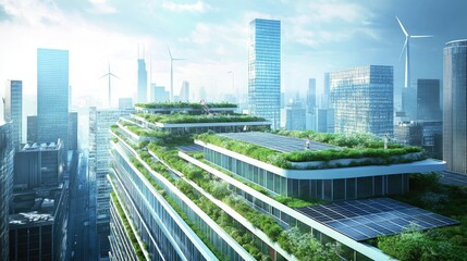 Fototapeta premium A green building's rooftop covered in wind turbines and photovoltaic panels.