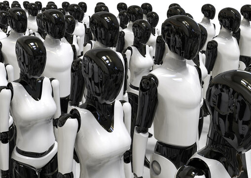 3D rendering representing a group of humanoid robots waiting to be delivered