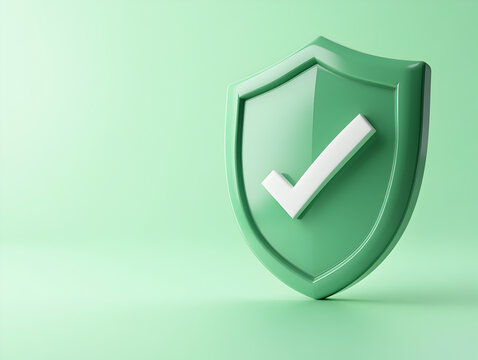Escudo de seguridad 3D verde con icono de verificación, simbolizando protección de datos, ciberseguridad y seguridad en línea